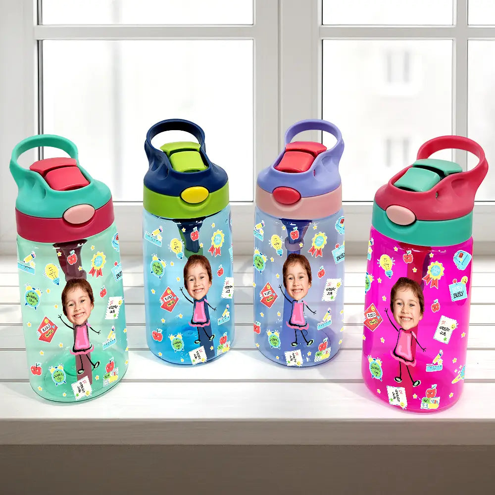 Gift For Kids, Gift For Grandkids, Back To School, Happy - Custom Photo Letter School Kid - Personalized Kids Water Bottle With Straw