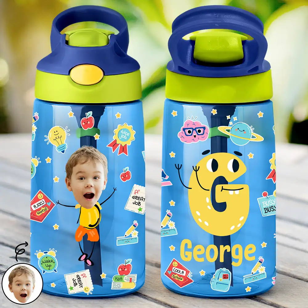 Gift For Kids, Gift For Grandkids, Back To School, Happy - Custom Photo Letter School Kid - Personalized Kids Water Bottle With Straw