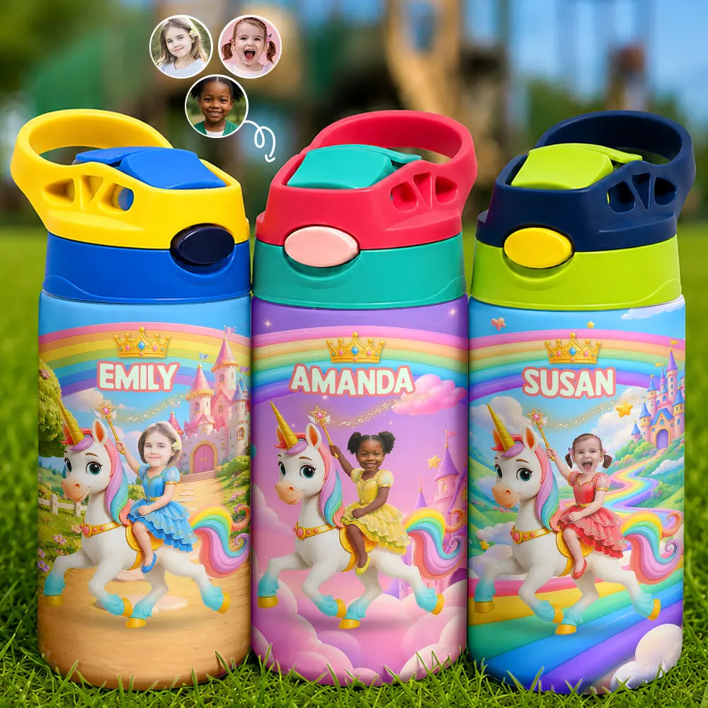 Custom Photo Little Girl Princess Unicorn - Personalized Insulated Water Bottle With Straw