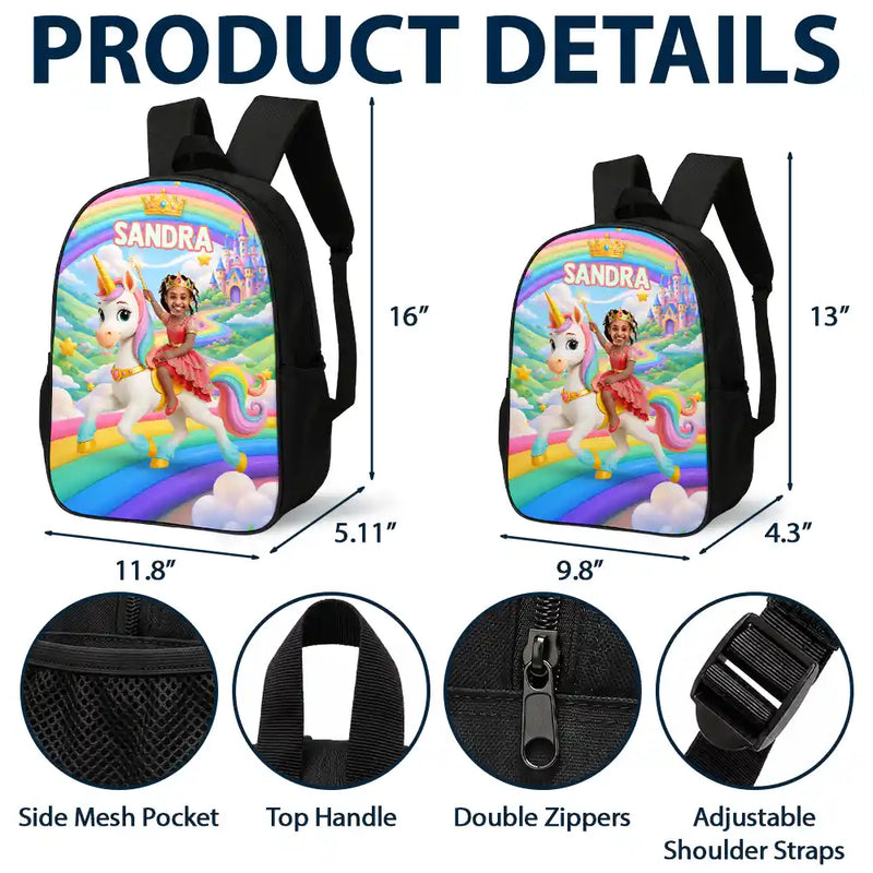 Adorable,Back To School,Custom Photo,Gift For Kids,Cut-Face Photo - Custom Photo Little Girl Princess Unicorn - Personalized Kids Backpack