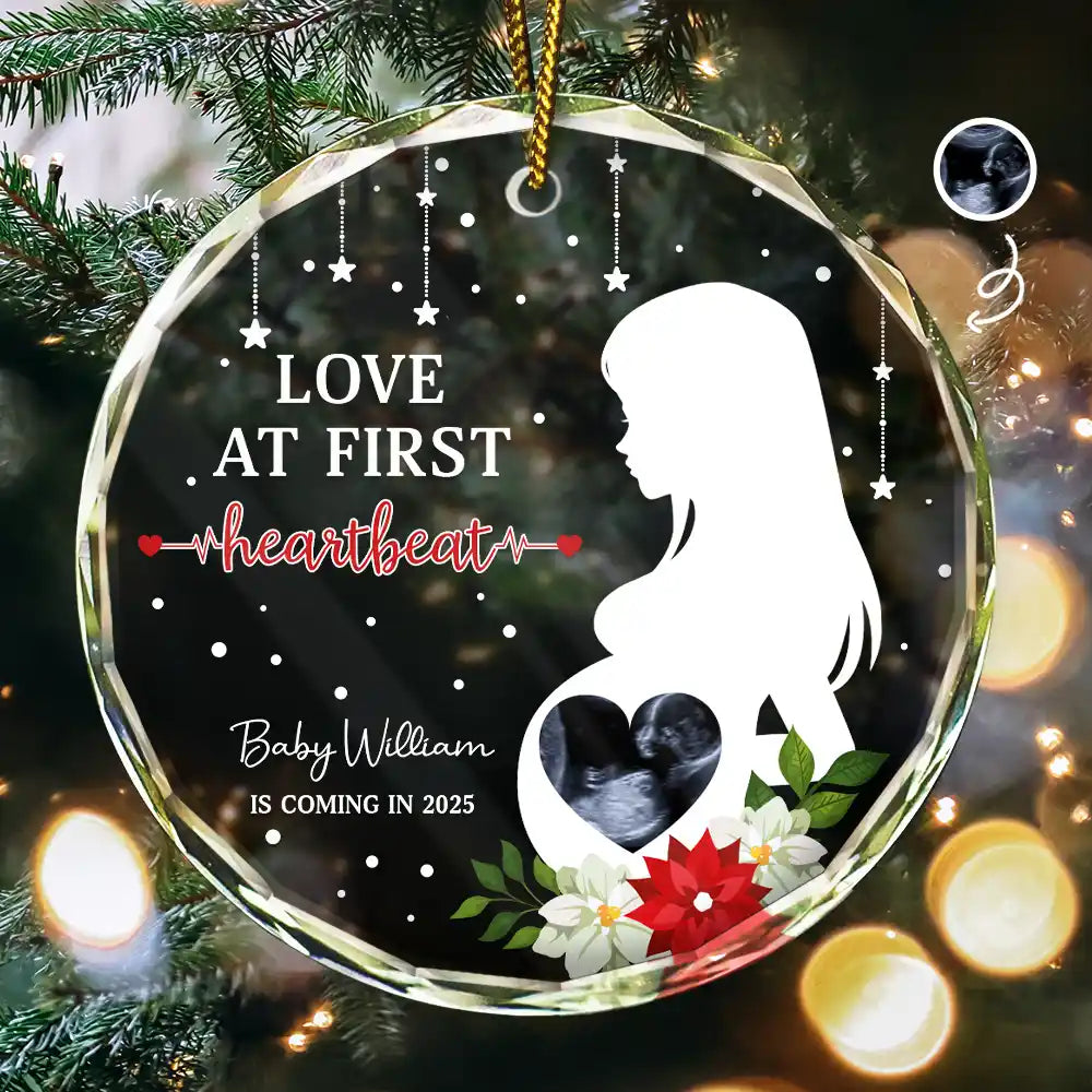 Custom Photo Love At First Heartbeat - Personalized Circle Glass Ornament