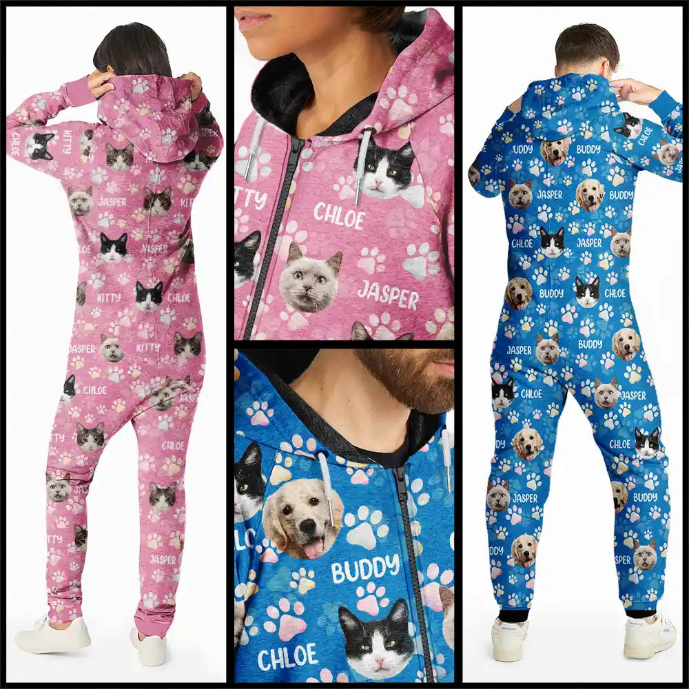 Cat Lovers, Pet Lovers, Dog Lovers, Dog Mom, Dog Dad, Cat Mom, Cat Dad, Happy - Custom Photo Lovely Pet Face Pattern Dog Cat Family - Personalized Overall Onesie Hooded Jumpsuit