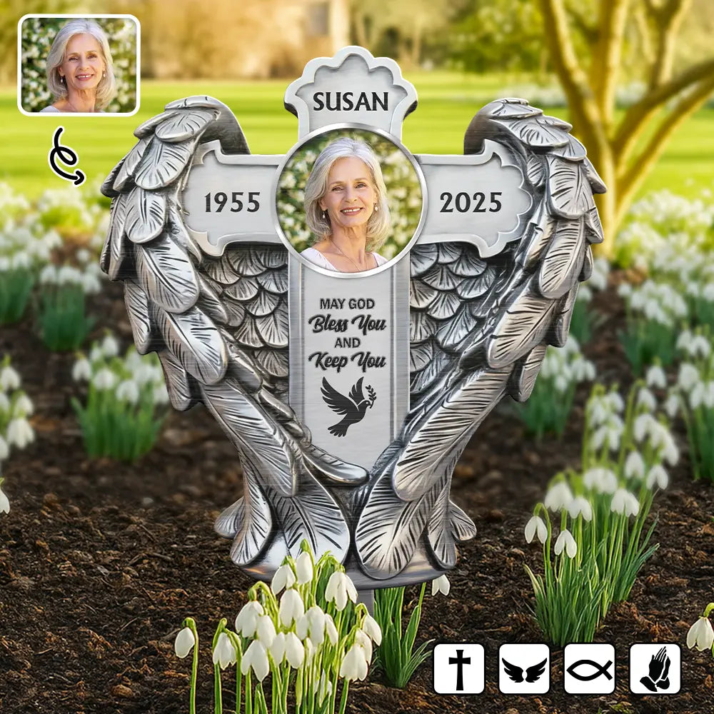Family,Christian,Memorial,Parents,Gift For Grandparents - Custom Photo May God BLess You And Keep You - Personalized Metal Garden Stake
