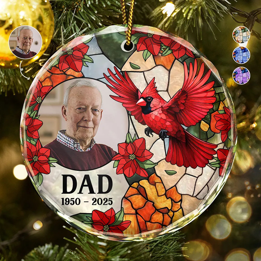 Custom Photo Memorial Bird Family Dad Mom - Personalized Circle Glass Ornament