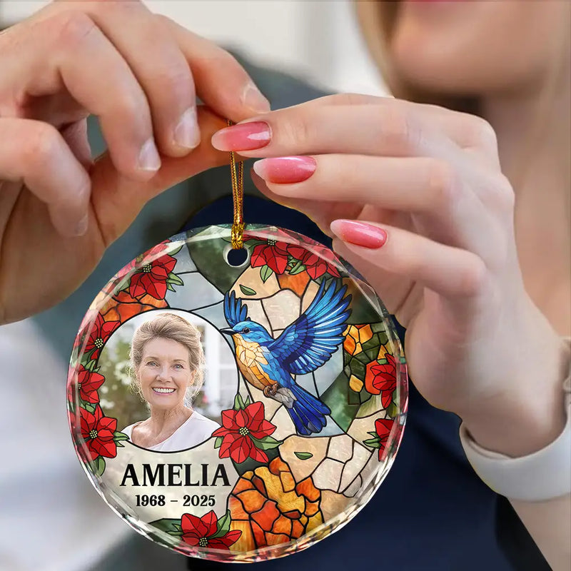 Sad, Memorial, Family, Parents, Gift For Grandparents, Gift For Sibling - Custom Photo Memorial Bird Family Dad Mom - Personalized Circle Glass Ornament