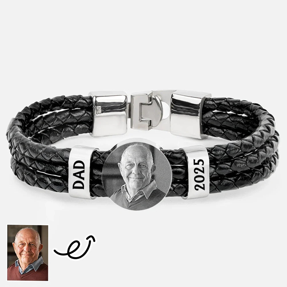 Custom Photo Memorial Dad Mom Family - Personalized Leather Braided Bracelet