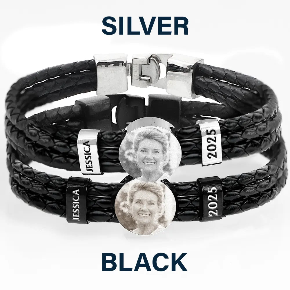 Sad, Memorial, Gift For Father, Gift For Yourself, Parents, Gift For Mother, Gift For Grandparents, Gift For Sibling - Custom Photo Memorial Dad Mom Family - Personalized Leather Braided Bracelet