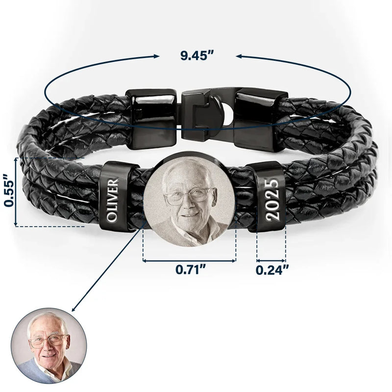 Sad, Memorial, Gift For Father, Gift For Yourself, Parents, Gift For Mother, Gift For Grandparents, Gift For Sibling - Custom Photo Memorial Dad Mom Family - Personalized Leather Braided Bracelet