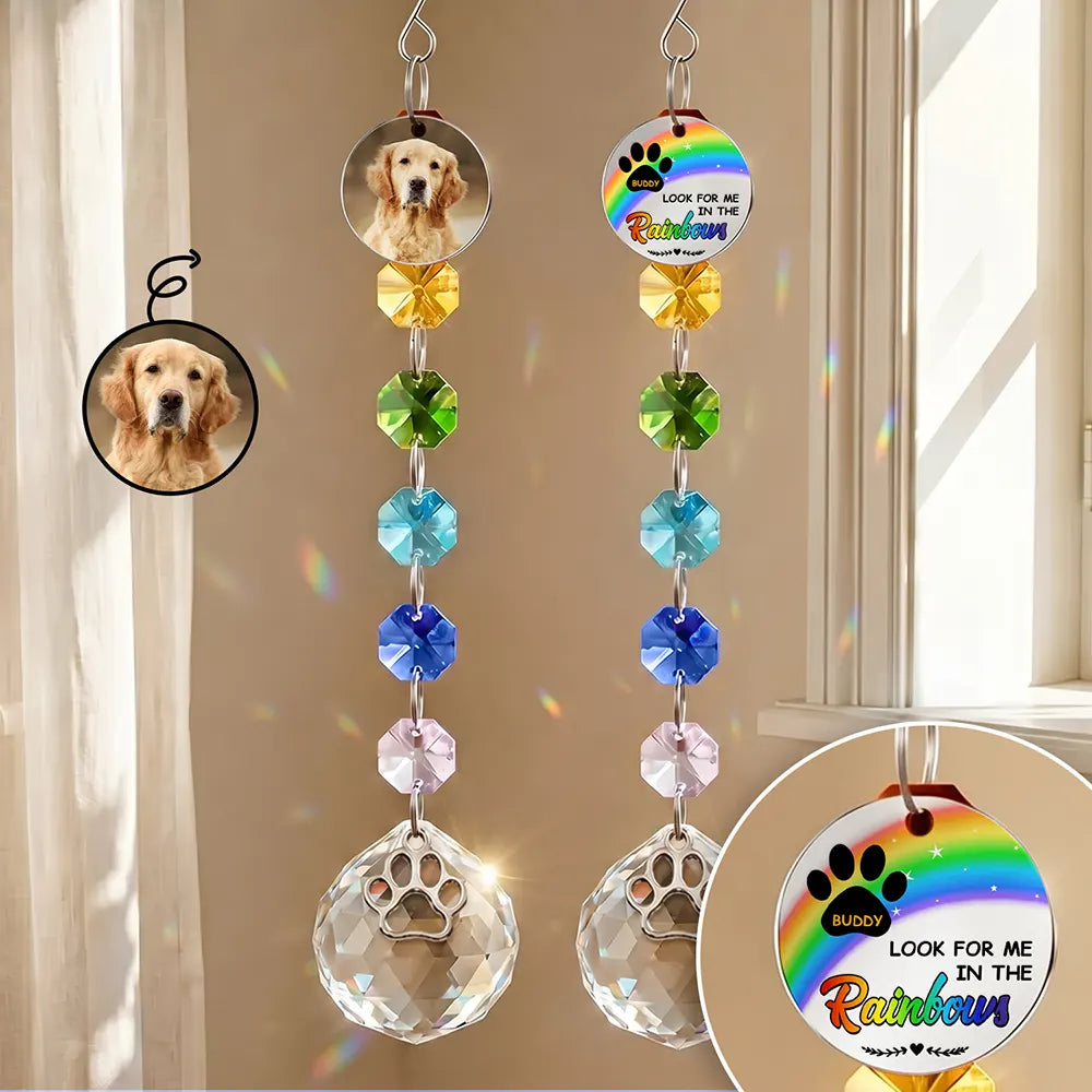 Custom Photo Memorial Dog Cat Look For Me In The Rainbows - Personalized Crystal Suncatcher With Charm