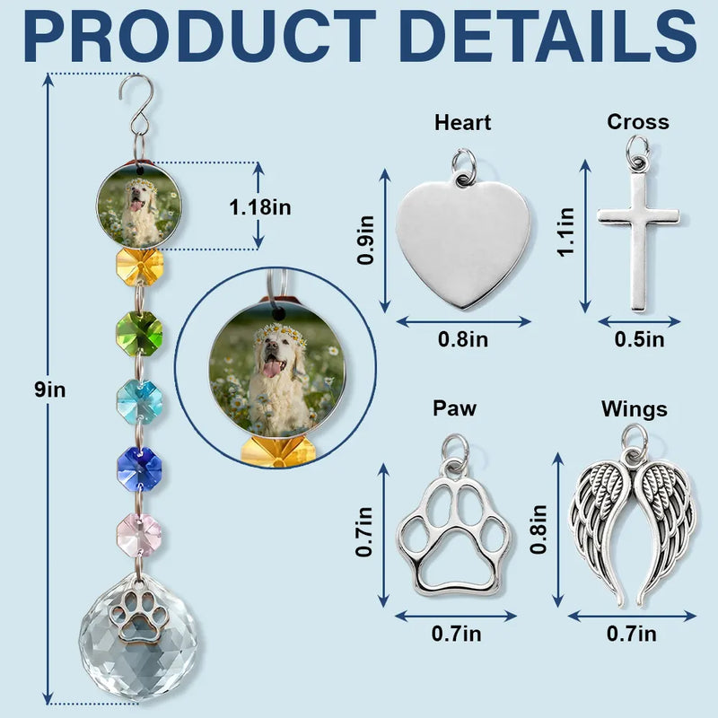 Christmas,Custom Photo,Sympathetic,Pet Lovers,Memorial,Upload Full Photo - Custom Photo Memorial Dog Cat Look For Me In The Rainbows - Personalized Crystal Suncatcher With Charm