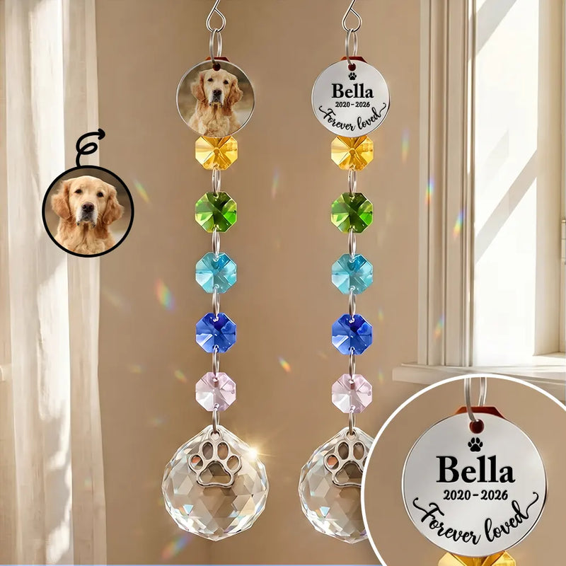 Christmas,Custom Photo,Sympathetic,Pet Lovers,Memorial,Upload Full Photo - Custom Photo Memorial Dog Cat Pet Forever Loved - Personalized Crystal Suncatcher With Charm