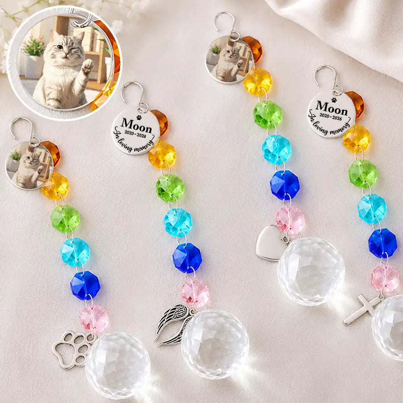 Christmas,Custom Photo,Sympathetic,Pet Lovers,Memorial,Upload Full Photo - Custom Photo Memorial Dog Cat Pet Forever Loved - Personalized Crystal Suncatcher With Charm