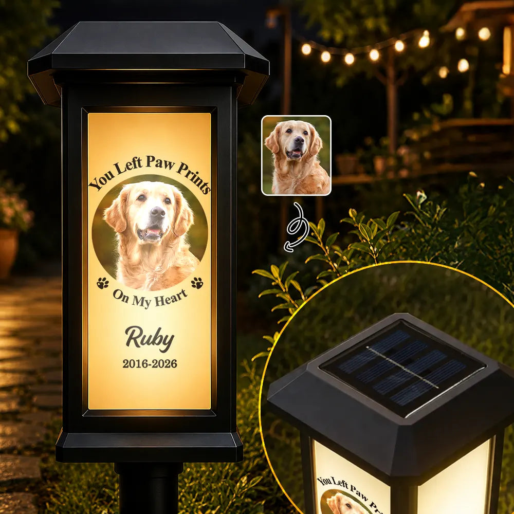 Christmas,Custom Photo,Sympathetic,Pet Lovers,Memorial,Upload Full Photo - Custom Photo Memorial Dog Cat Pet You Left Paw Prints On My Heart - Personalized Solar Garden Light