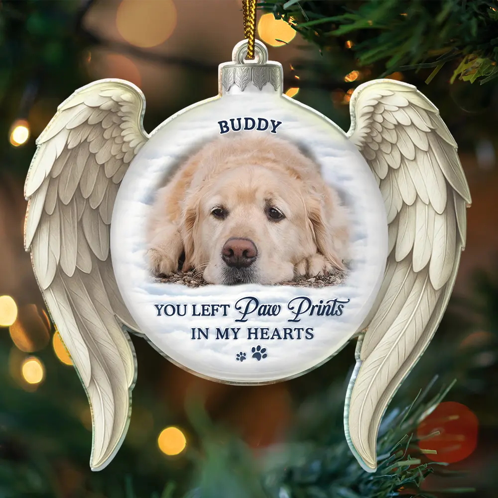 Christmas,Memorial,Sad,Pet Lovers,Dog Lovers,Cat Lovers,Family - Custom Photo Memorial Dog Cat You Left Paw Prints On My Heart - Personalized Custom Shaped Acrylic Ornament