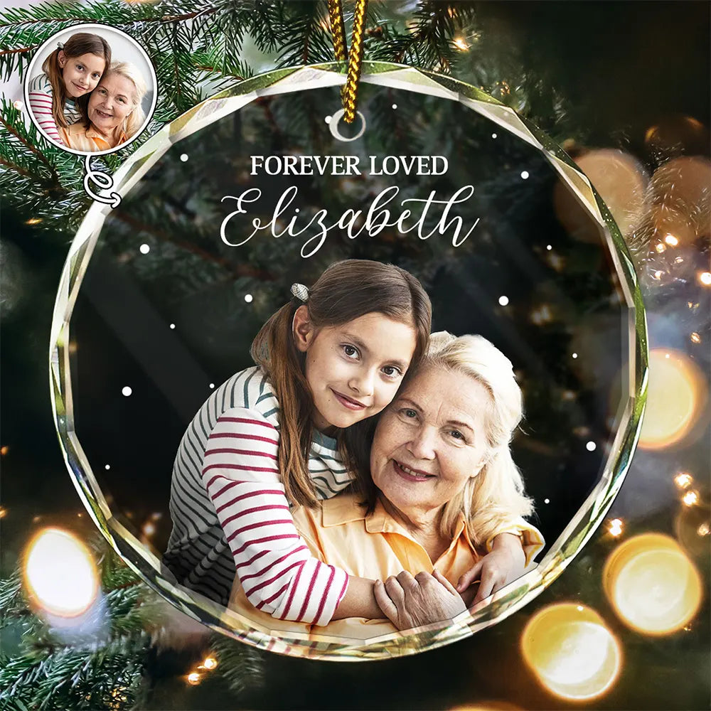Custom Photo, Christmas, Memorial, Sad, Family - Custom Photo Memorial Forever Loved Remembrance Gifts - Personalized Circle Glass Ornament