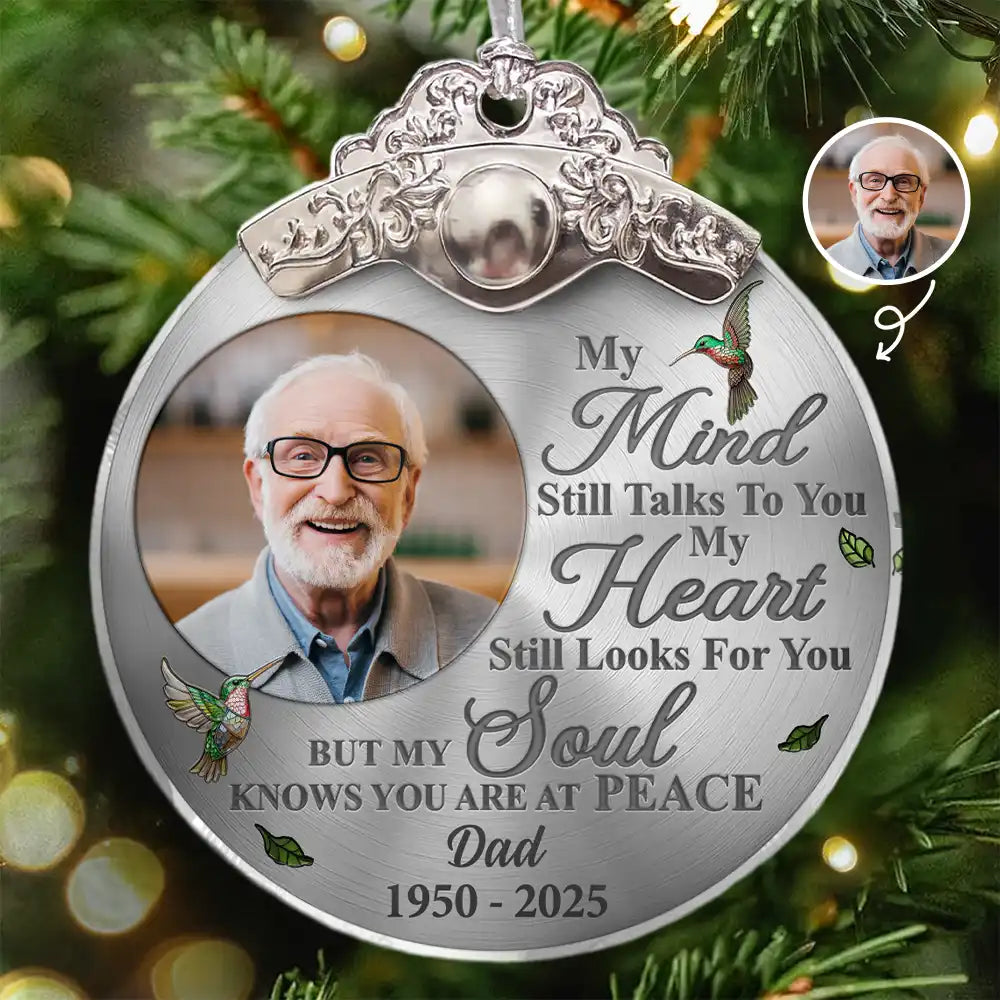Custom Photo Memorial My Mind Still Talks To You - Personalized Glass Ornament With Silver Cap