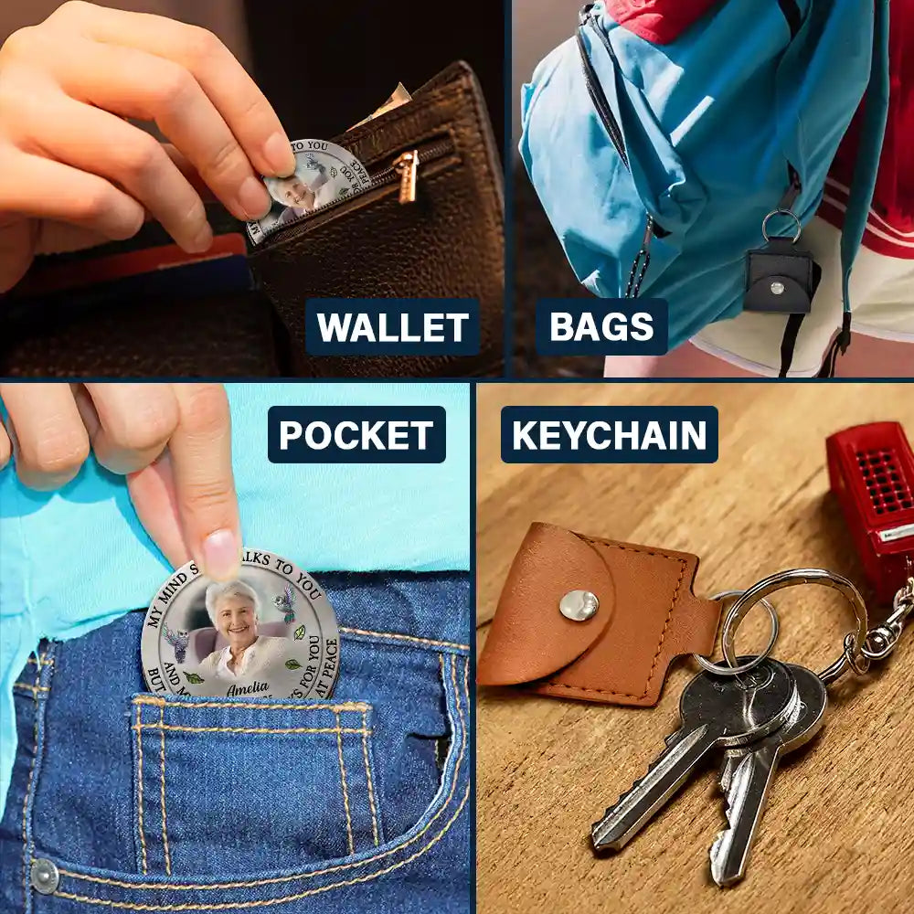 Family, Parents, Gift For Grandparents, Memorial, Sad - Custom Photo Memorial My Mind Still Talks To You - Personalized Wooden Pocket Hug