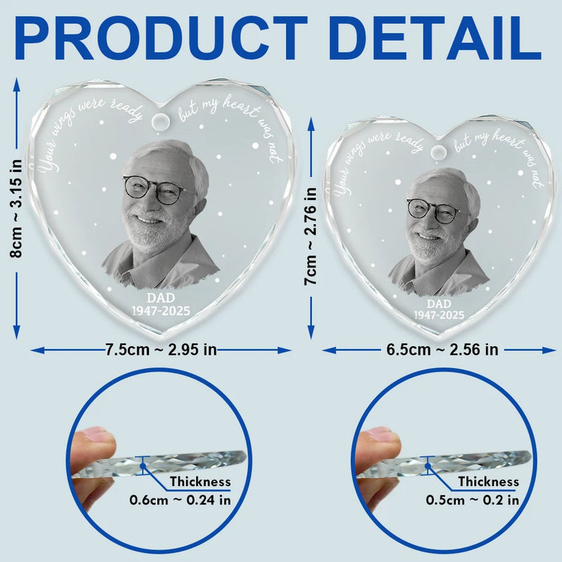 Christmas,Custom Photo,Memorial,Family,Sad - Custom Photo Memorial Your Wings Were Ready - Personalized Heart Shaped Glass Ornament