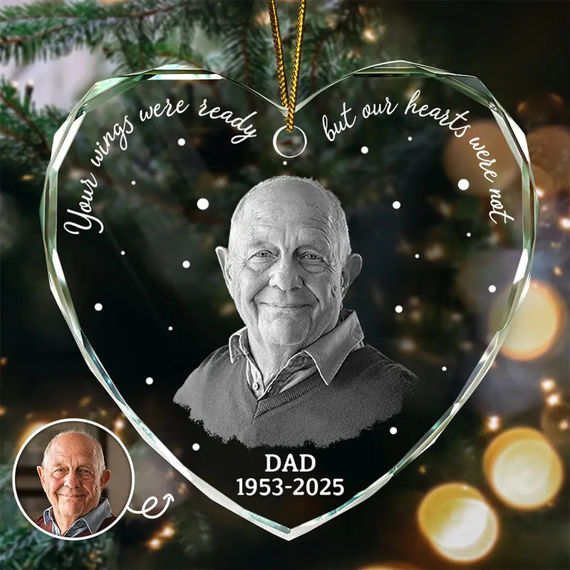 Christmas,Custom Photo,Memorial,Family,Sad - Custom Photo Memorial Your Wings Were Ready - Personalized Heart Shaped Glass Ornament