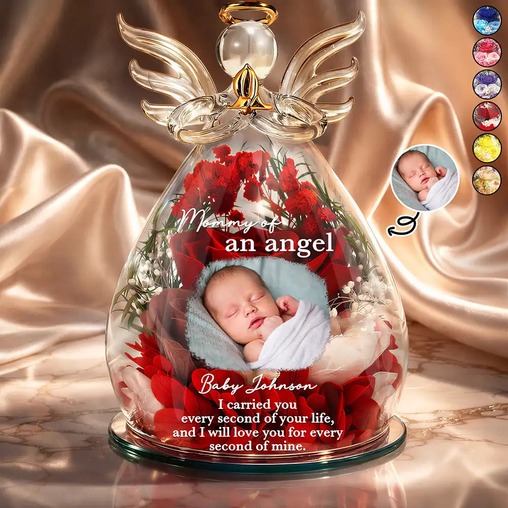 Custom Photo, Gift For Mother, Memorial, Sad - Custom Photo Mom Of An Angel - Personalized Flower In Glass Angel Figurine