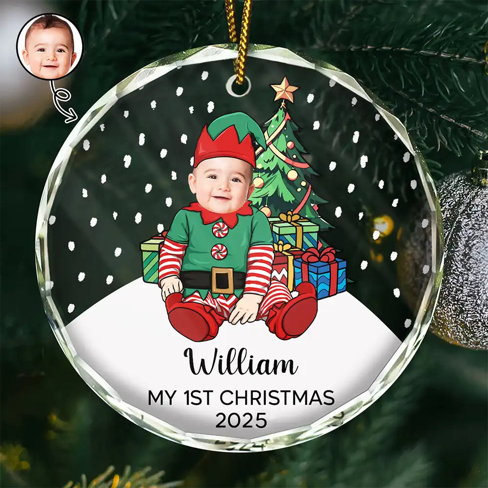 Custom Photo My First Christmas Baby Costumes - Personalized Circle Glass Ornament