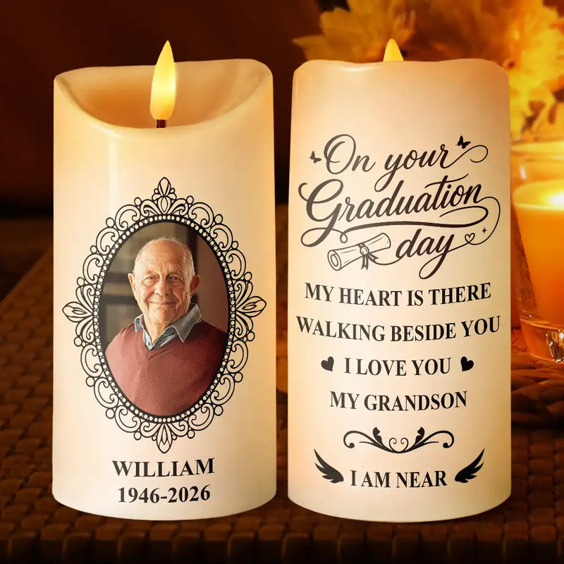 Graduation,Memorial,Gift For Yourself,Gift For Daughter,Gift For Son,Sad - Custom Photo My Heart Is There Walking Beside You - Personalized Flameless LED Candle