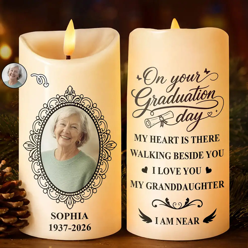 Graduation,Memorial,Gift For Yourself,Gift For Daughter,Gift For Son,Sad - Custom Photo My Heart Is There Walking Beside You - Personalized Flameless LED Candle