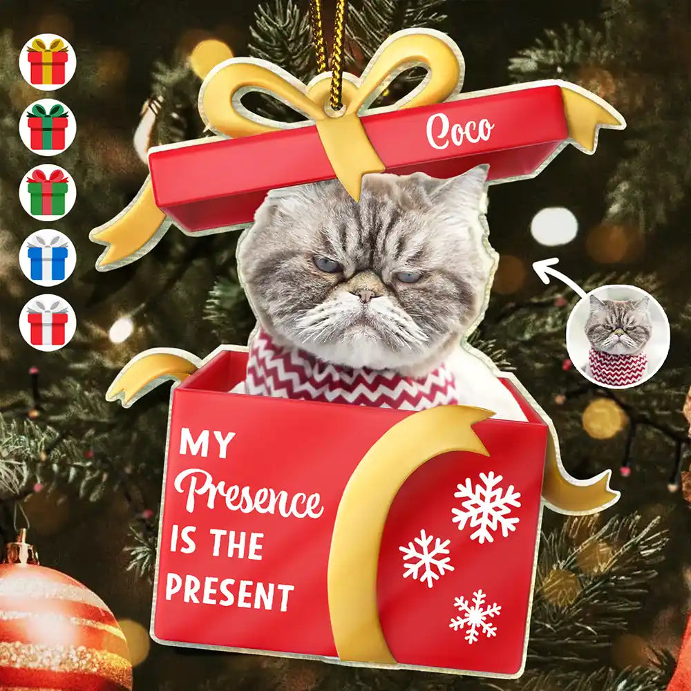 Pet Lovers, Cat Lovers, Dog Lovers, Funny, Christmas - Custom Photo My Presence Is The Present - Personalized Custom Shaped Acrylic Ornament