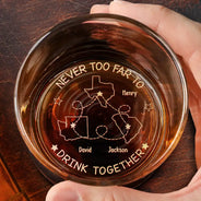 Custom Photo, Family, Gift For Brothers, Gift For Bestie, Happy, Gift For Sibling - Custom Photo Never Too Far To Drink Together - Personalized Engraved Whiskey Glass