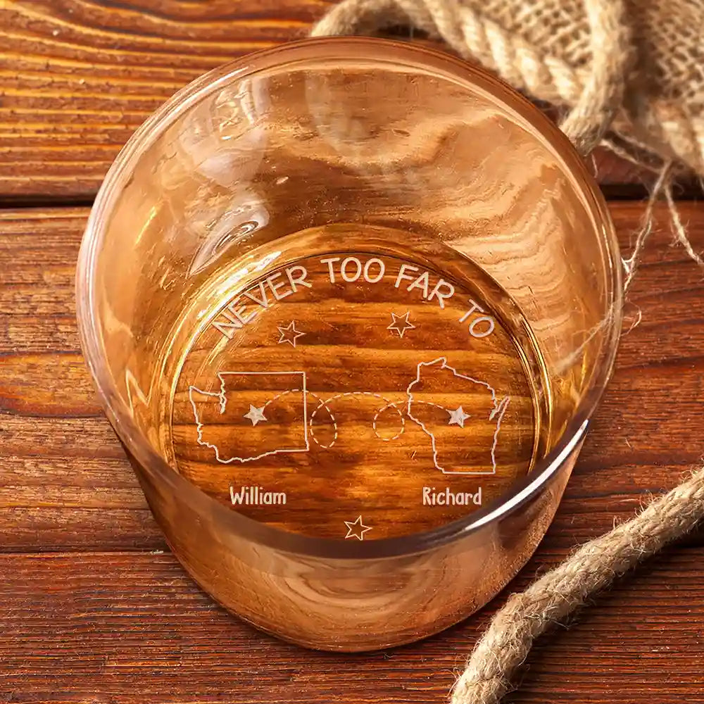 Custom Photo, Family, Gift For Brothers, Gift For Bestie, Happy, Gift For Sibling - Custom Photo Never Too Far To Drink Together - Personalized Engraved Whiskey Glass