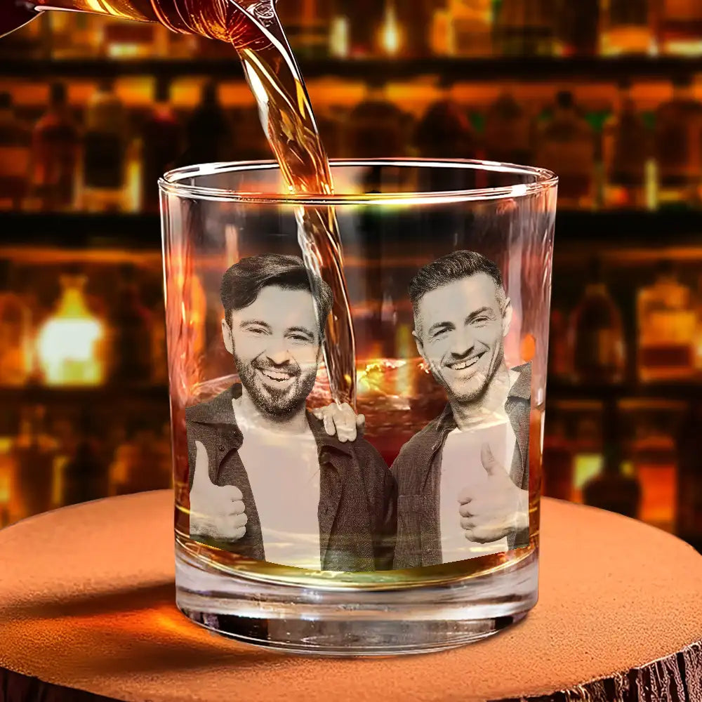 Custom Photo, Family, Gift For Brothers, Gift For Bestie, Happy, Gift For Sibling - Custom Photo Never Too Far To Drink Together - Personalized Engraved Whiskey Glass