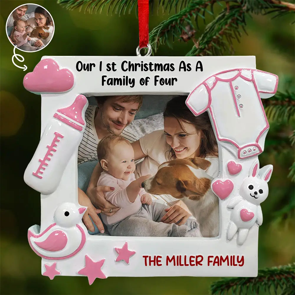 Custom Photo New Baby First Christmas As A Family Of Four - Personalized Embossed Ceramic Ornament