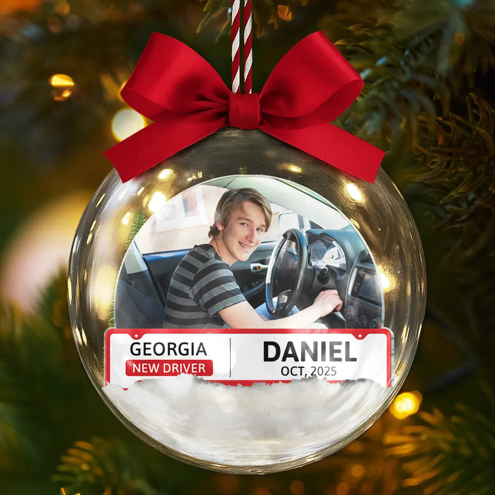 Gift For Yourself,Christmas,Custom Photo,Happy - Custom Photo New Driver - Personalized 3D Acrylic Ball Ornament
