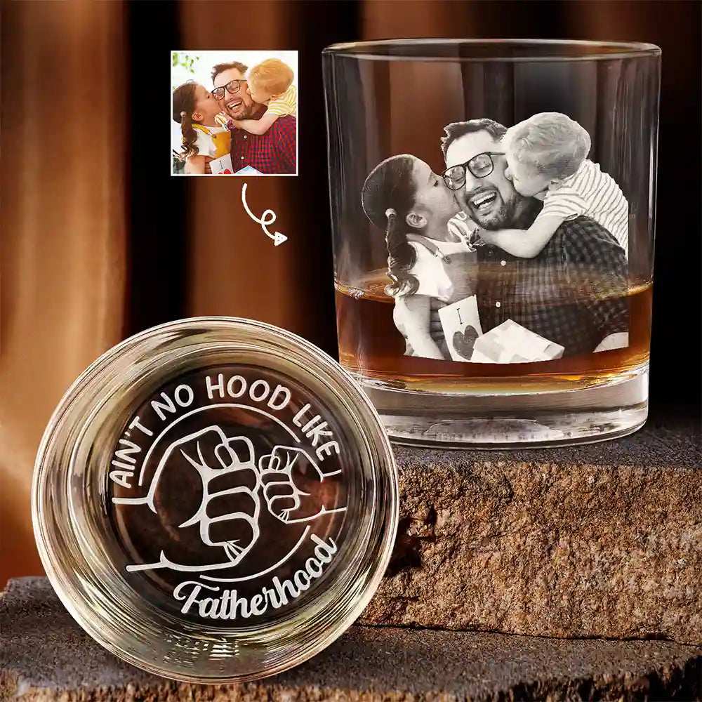 Custom Photo No Hood Like Fatherhood - Personalized Engraved Whiskey Glass