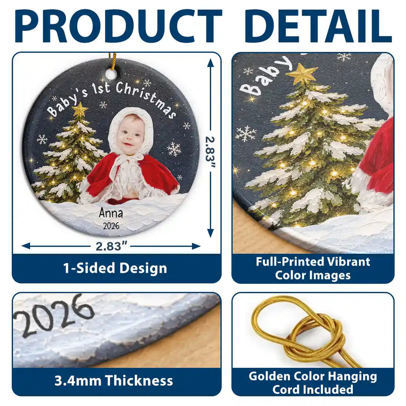 Art Design,New Mom,Sentimental,Christmas,Gift For Mother,Photo - Oil Painting - Custom Photo Oil Painting Baby First Christmas - Personalized Circle Ceramic Ornament
