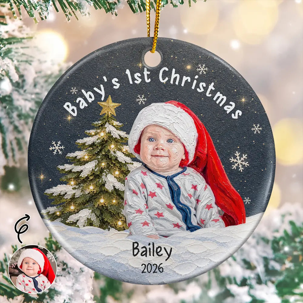 Custom Photo Oil Painting Baby First Christmas - Personalized Circle Ceramic Ornament