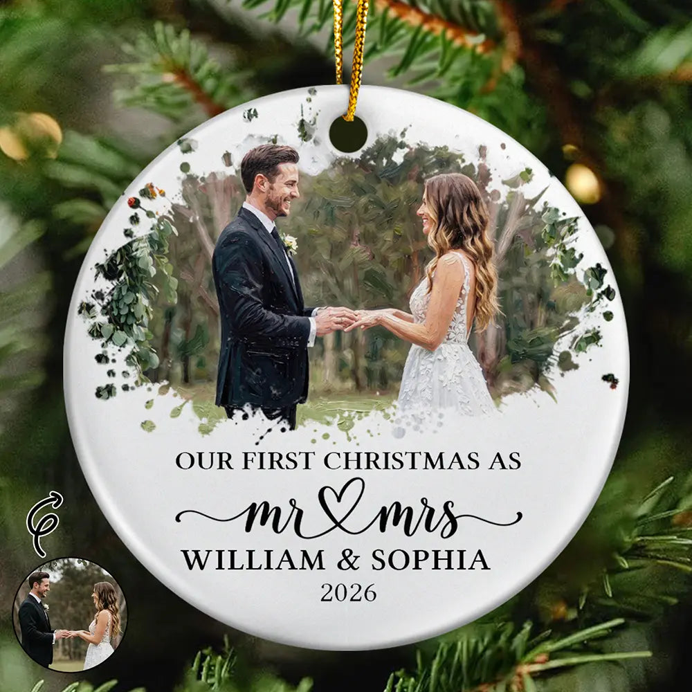 Custom Photo Oil Painting Couple Portrait Our First Christmas - Personalized Circle Ceramic Ornament