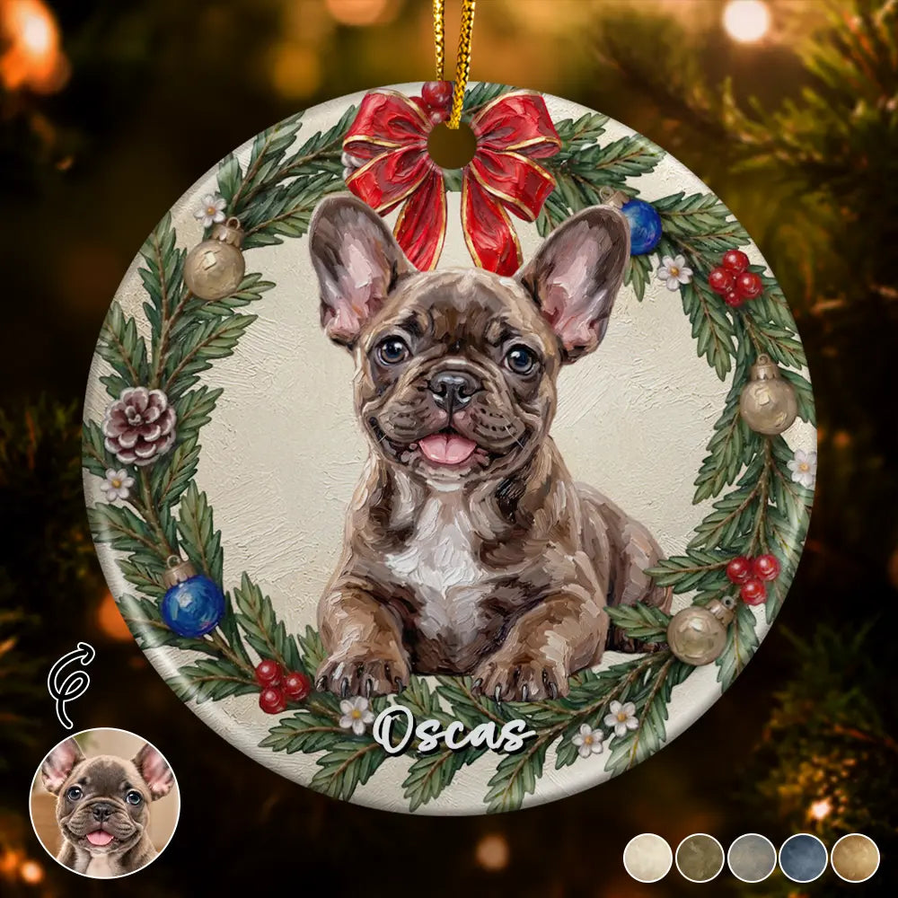 Custom Photo Oil Painting Dog Pet Portrait In Floral Wreath - Personalized Circle Ceramic Ornament