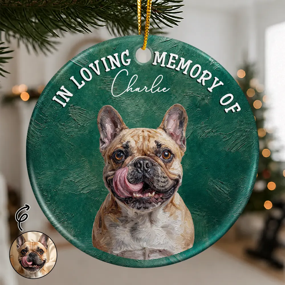 Custom Photo Oil Painting Dog Pet Portrait Memorial - Personalized Circle Ceramic Ornament