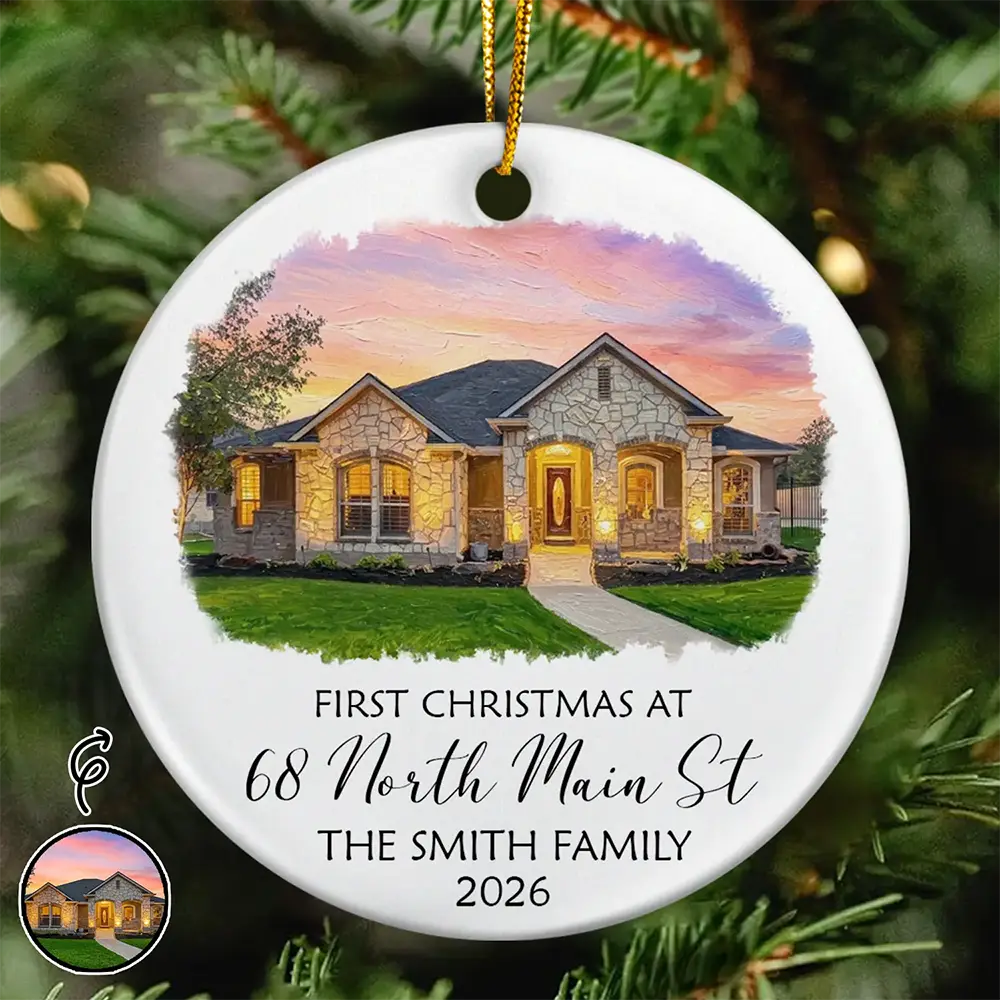 Custom Photo Oil Painting New House Portrait - Personalized Circle Ceramic Ornament