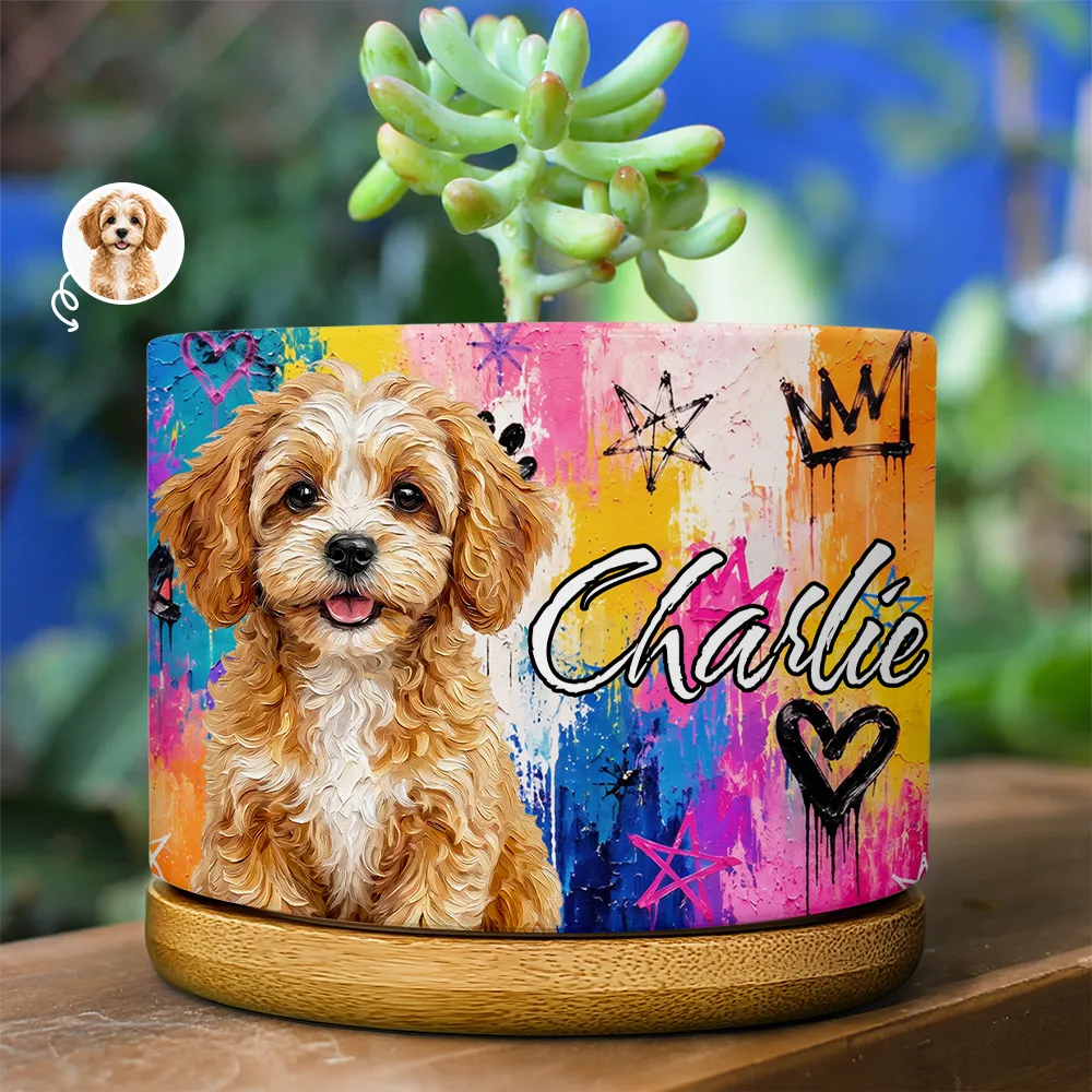 Custom Photo Oil Painting Pet Dog Cat Portrait With Graffiti Style - Personalized Ceramic Plant Pot