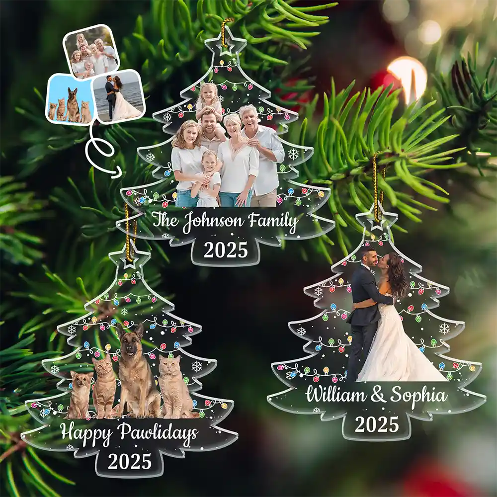 Custom Photo,Pet Lovers,Dog Lovers,Cat Lovers,Family,Gift For Couples,Happy,Christmas - Custom Photo On Christmas Tree - Personalized Custom Shaped Acrylic Ornament