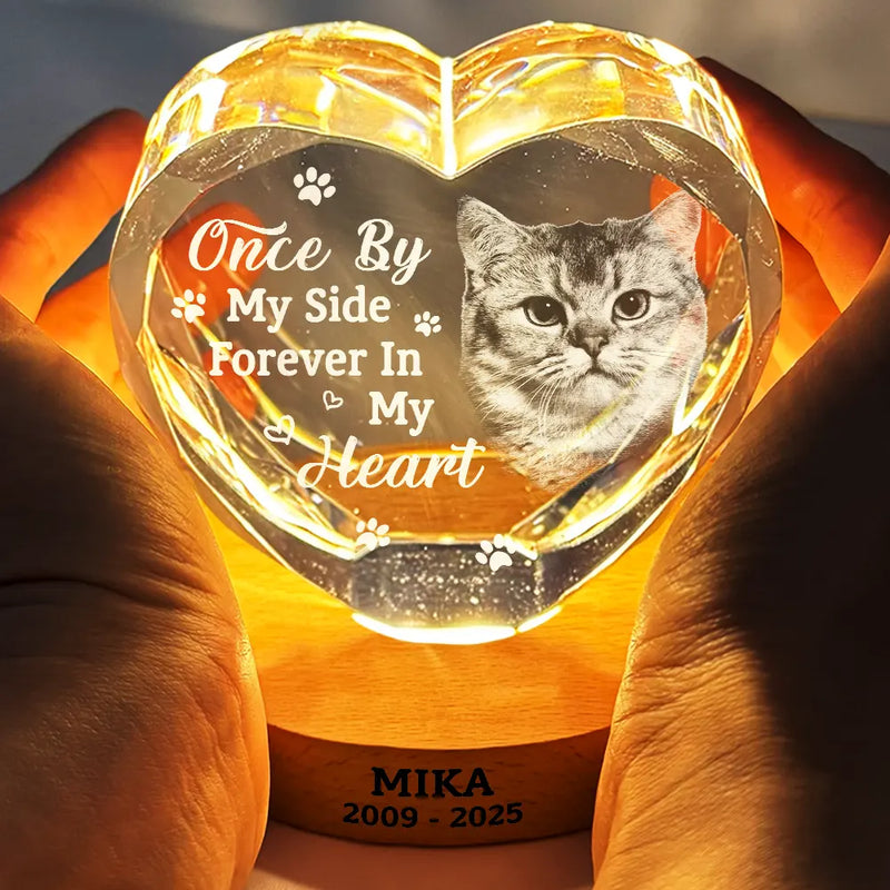 Pet Lovers,Cat Lovers,Dog Lovers,Sad,Memorial - Custom Photo Once By My Side Forever In My Heart Memorial Dog Cat - Personalized Crystal Heart Shaped Lamp