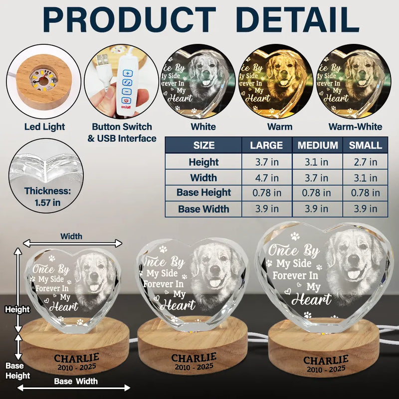 Pet Lovers,Cat Lovers,Dog Lovers,Sad,Memorial - Custom Photo Once By My Side Forever In My Heart Memorial Dog Cat - Personalized Crystal Heart Shaped Lamp