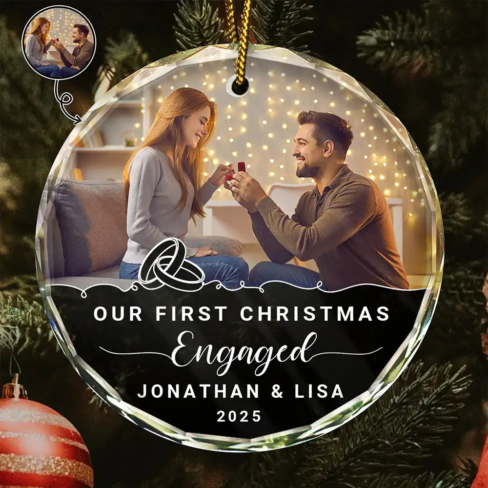 Custom Photo Our First Christmas Engaged - Personalized Circle Glass Ornament
