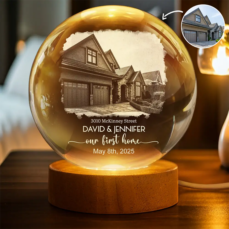 Gift For Couples,Gift For Husband,Gift For Wife,Gift For Boyfriend,Gift For Girlfriend,Family - Custom Photo Our First Home - Personalized Crystal Globe Lamp