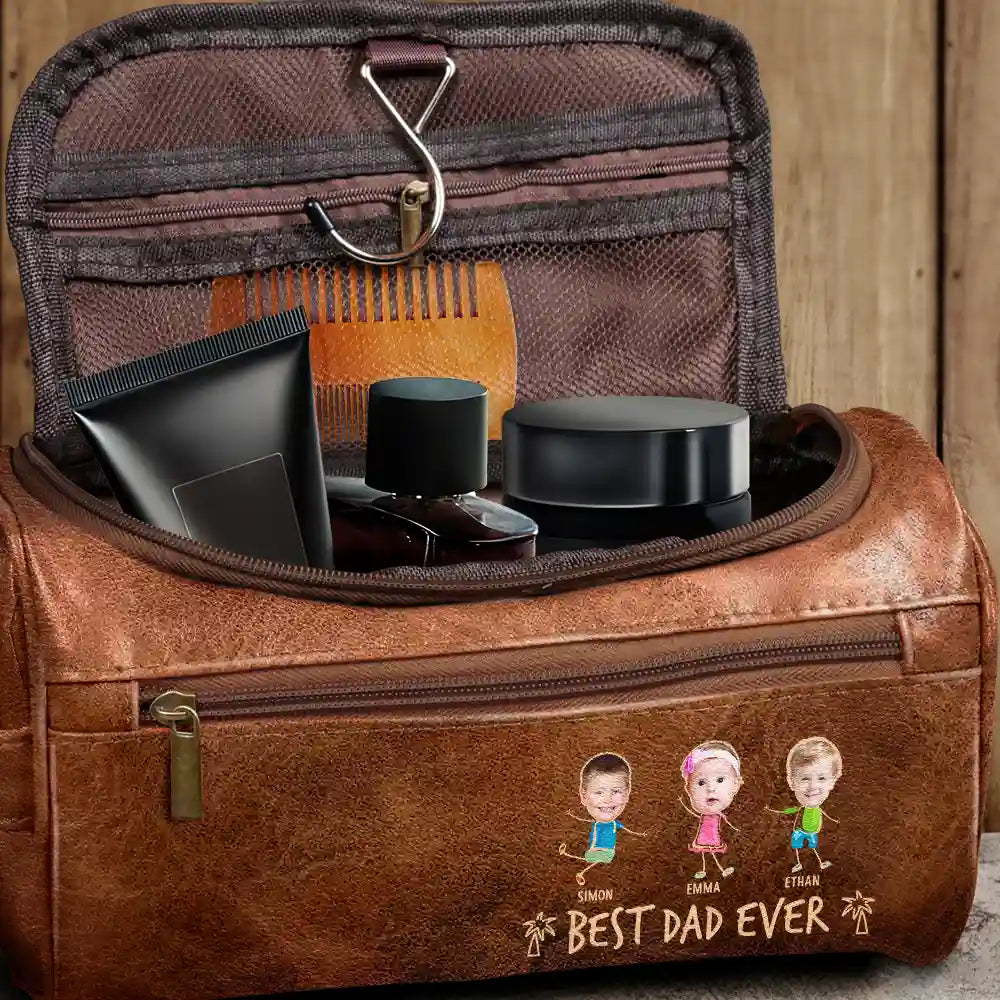 Custom Photo Outline Best Dad Ever - Personalized Leather Toiletry Bag