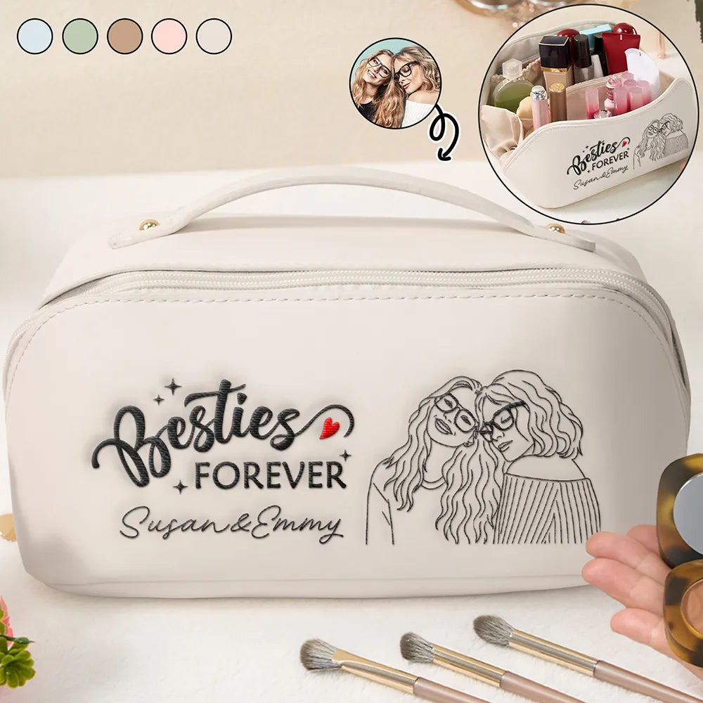 Custom Photo Outline Sketch Besties Sisters Forever - Personalized Embroidered Leather Makeup Bag