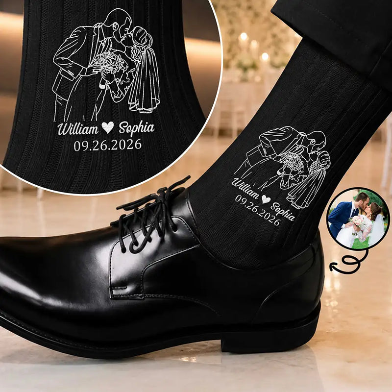 Gift For Husband, Gift For Couples, Custom Photo, Art Design, Wedding, Romantic, Photo - Outline Sketch - Custom Photo Outline Sketch Couple Romantic Portrait - Personalized Embroidered Socks