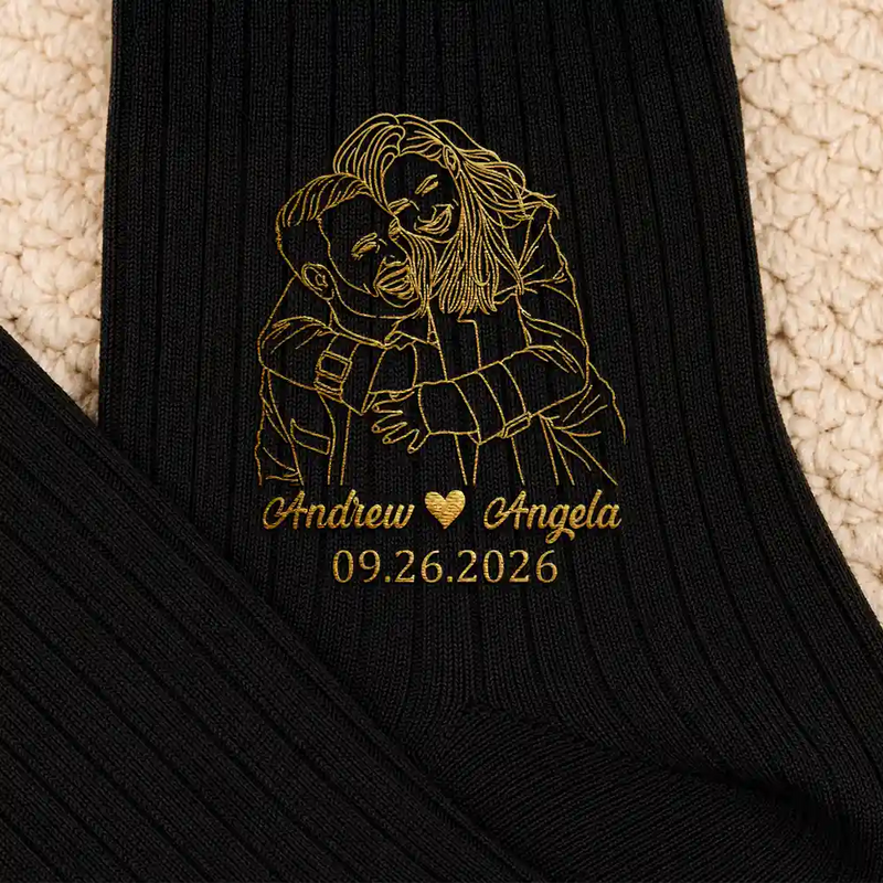 Gift For Husband, Gift For Couples, Custom Photo, Art Design, Wedding, Romantic, Photo - Outline Sketch - Custom Photo Outline Sketch Couple Romantic Portrait - Personalized Embroidered Socks